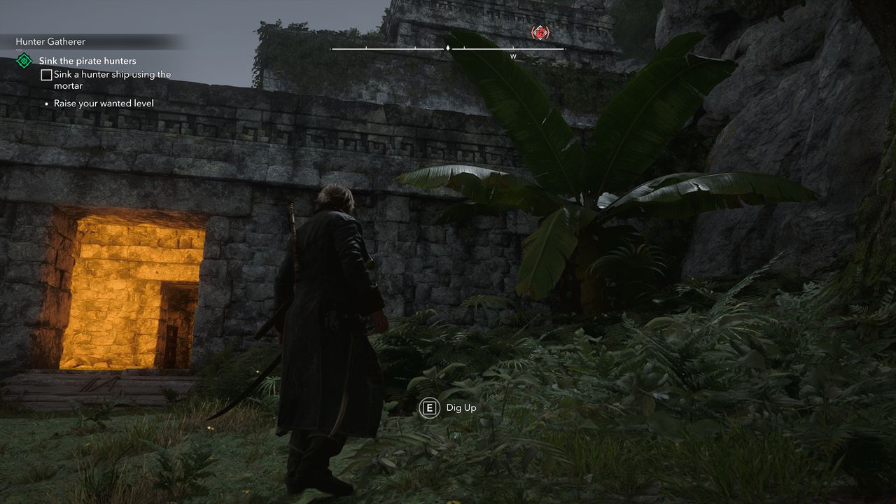 Black Flag treasure maps: Edward looking up at a Mayan ruin above him.