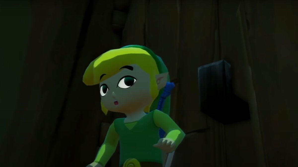 Link hiding behind a door in Legend of Zelda the Wind Waker