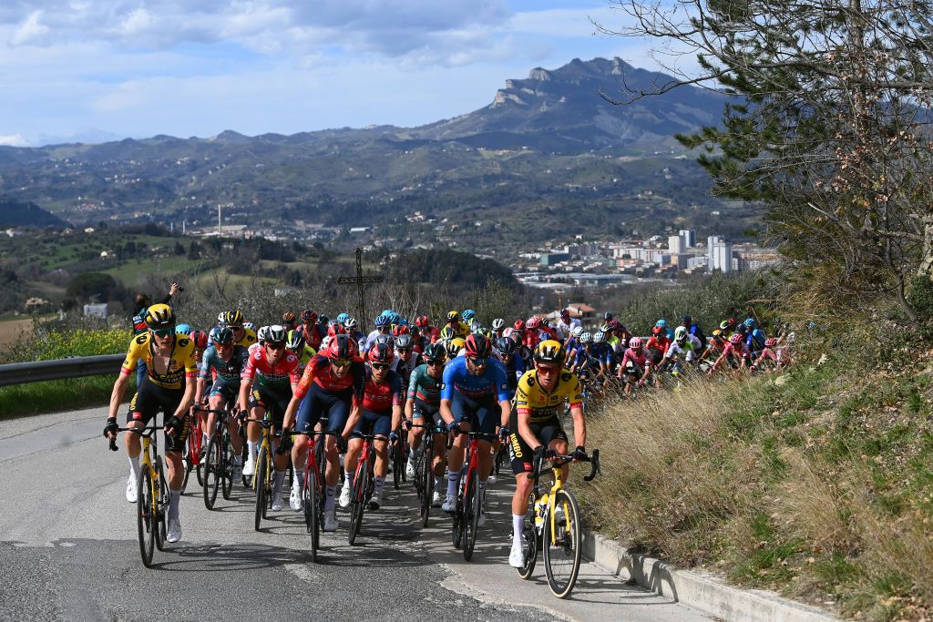 TORTORETO ITALY MARCH 09 Dylan Van Baarle of The Netherlands and Team Jumbo Visma Laurens de Plus of Belgium Filippo Ganna of Italy and Team INEOS Grenadiers Blue Leader Jersey and Koen Bouwman of The Netherlands and Team Jumbo Visma lead the peloton during the 58th TirrenoAdriatico 2023 Stage 4 a 218km stage from Greccio to Tortoreto 229m UCIWT TirrenoAdriatico on March 09 2023 in Tortoreto Italy Photo by Tim de WaeleGetty Images