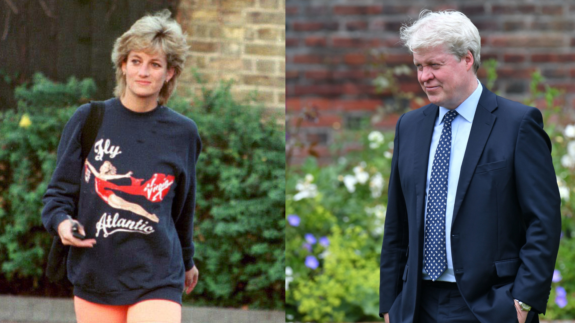 Princess Diana wearing a Virgin Atlantic sweatshirt and Charles Spencer wearing a blue suit