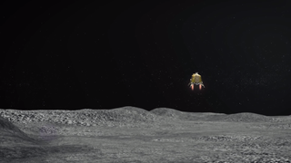 A still from an animation shows India's Vikram lunar lander, part of the Chandrayaan-2 mission, descending to the lunar surface.