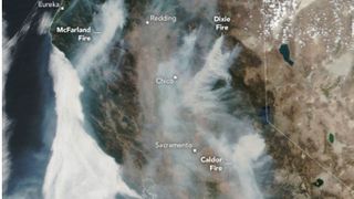 Landsat satellite image of wildfires across California.