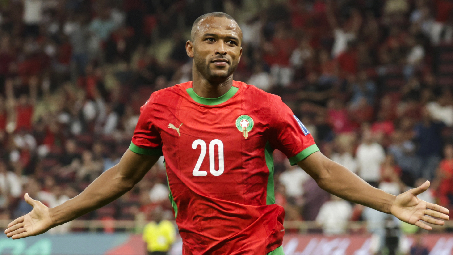 Morocco's forward Ayoub El Kaabi celebrates scoring during the FIFA World Cup 2026 Group E African qualification football match between Morocco and Niger at the Prince Moulay Abdellah Sports Complex in Rabat on September 5, 2025. 