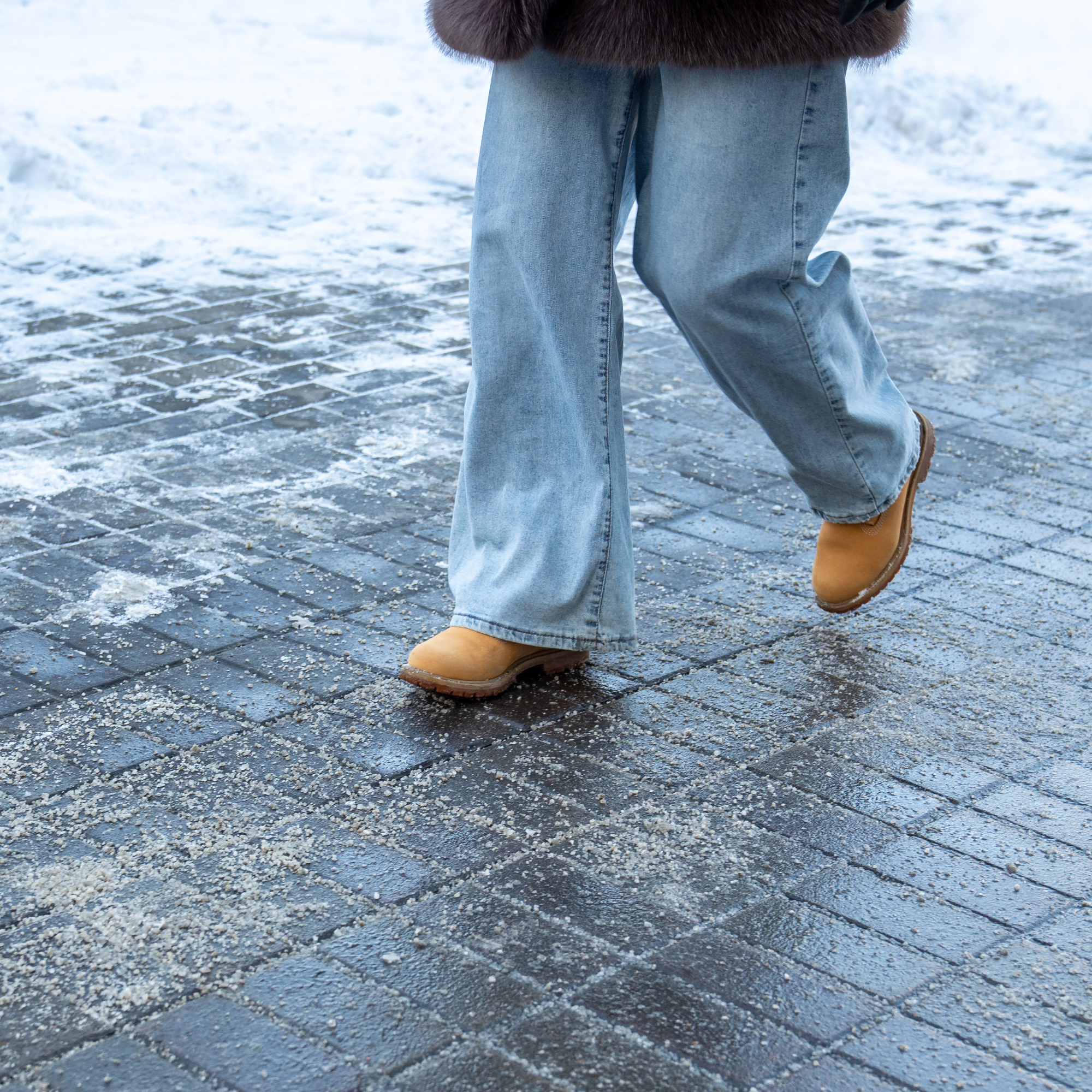 woman walking down salt covered snowy sidewalk 