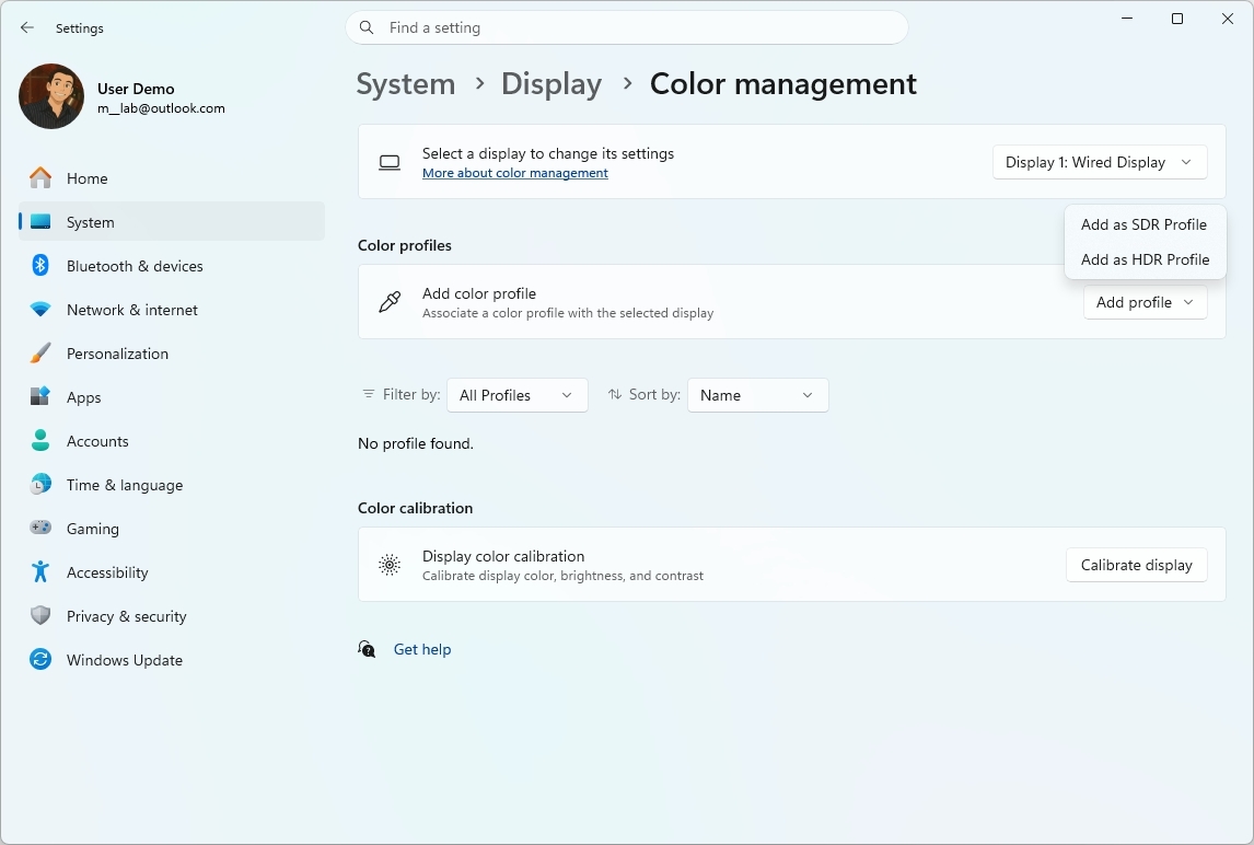 Windows 11 Color Profiles settings