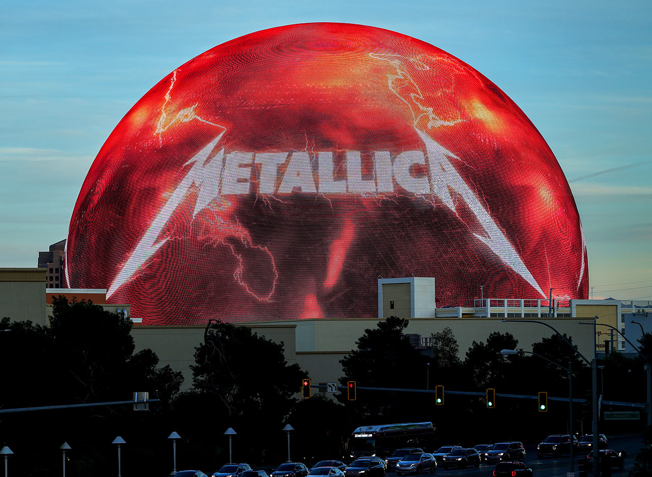 Sphere lights up with an advertisement for Metallica's &amp;quot;Life Burns Faster&amp;quot; residency on February 25, 2026 in Las Vegas, Nevada.