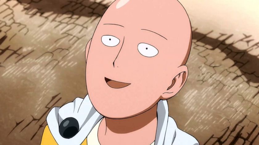 Saitama smiling with a blank expression during the One Punch Man anime. 