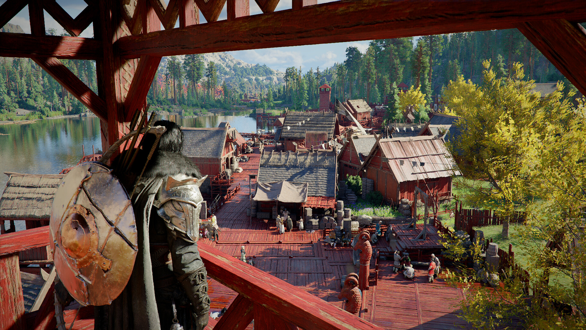 Protagonist Kliff looks out over a bustling marketplace in Crimson Desert's open world