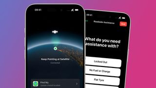 Two iPhones showing Apple&#039;s Roadside Assistance via Satellite feature