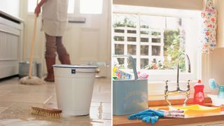 Compilation images of cleaning showing an enamel bucket used to mop floors and a kitchen sink with window behind to show how to reuse dehumidifier water for cleaning