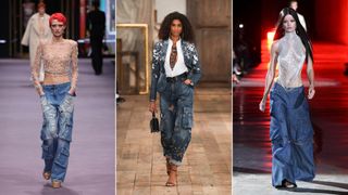 Three models wearing cargo jeans down the catwalk