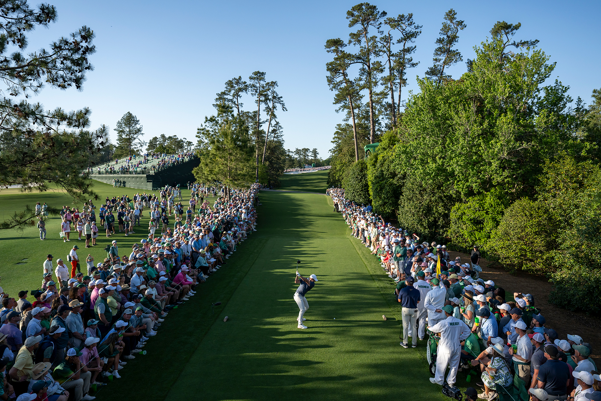 Rory McIlroy teeing off at the 18th hole during the Masters at Augusta National in 2025