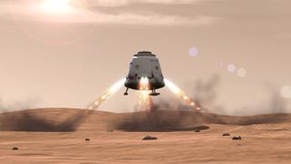 An artist's impression of a SpaceX Red Dragon capsule touching down on the surface of Mars. SpaceX has said it wants to use the capsule to bring a Martian dirt sample back to Earth.