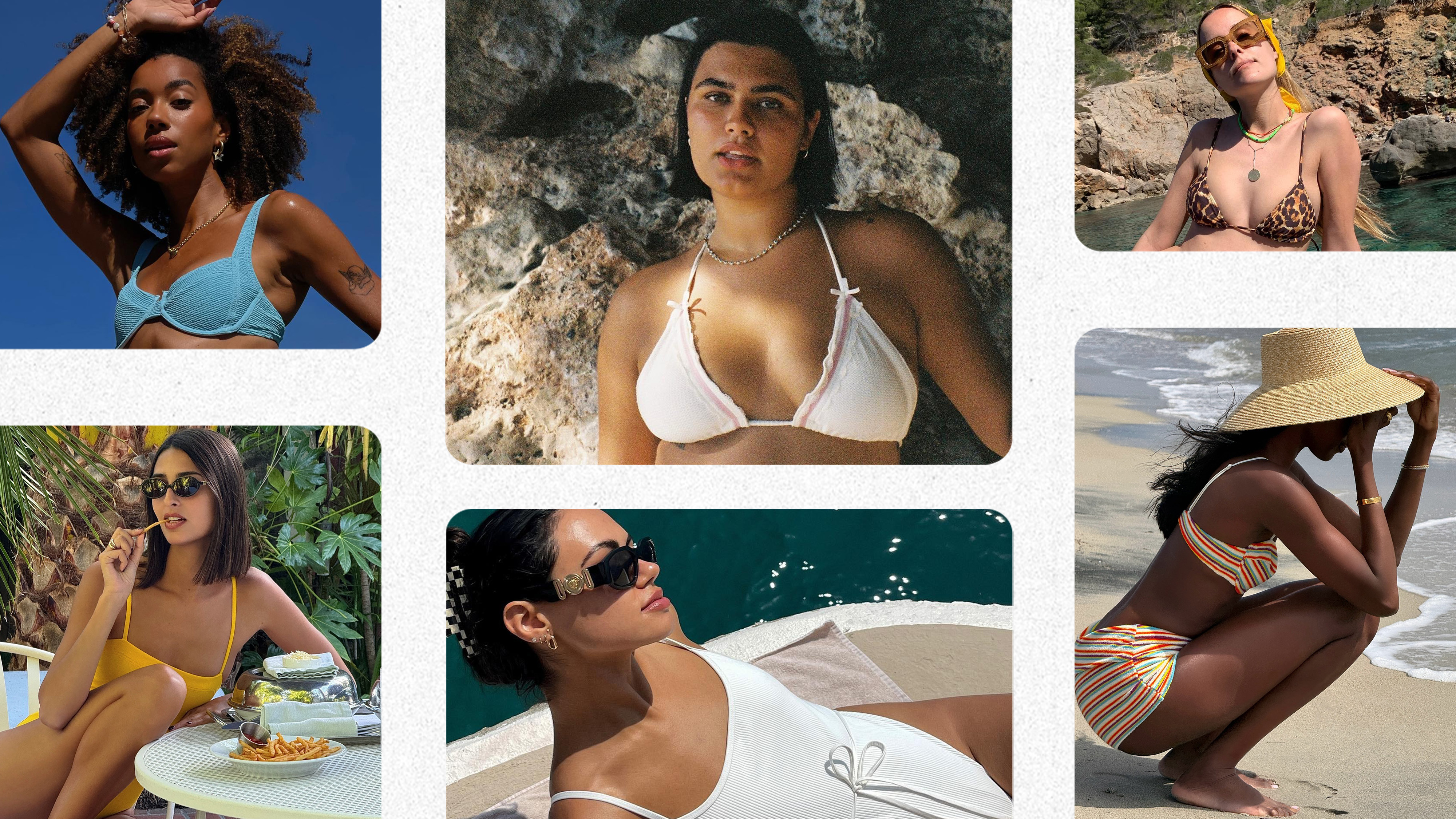 A collage of women wearing elegant summer 2025 swimwear trends.