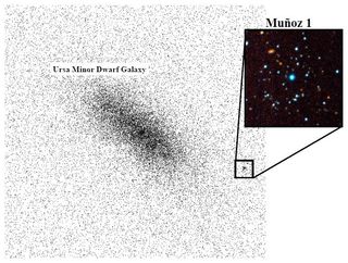 The Muñoz 1 globular cluster is seen to the right of the Ursa Minor dwarf galaxy in this image from the Canada-France-Hawaii Telescope MegaCam imager.