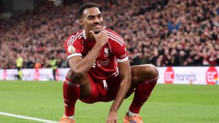 Ryan Gravenberch of Liverpool celebrates scoring his team's second goal during the Premier League match between Liverpool and Aston Villa at Anfield on November 01, 2025 in Liverpool, England. 