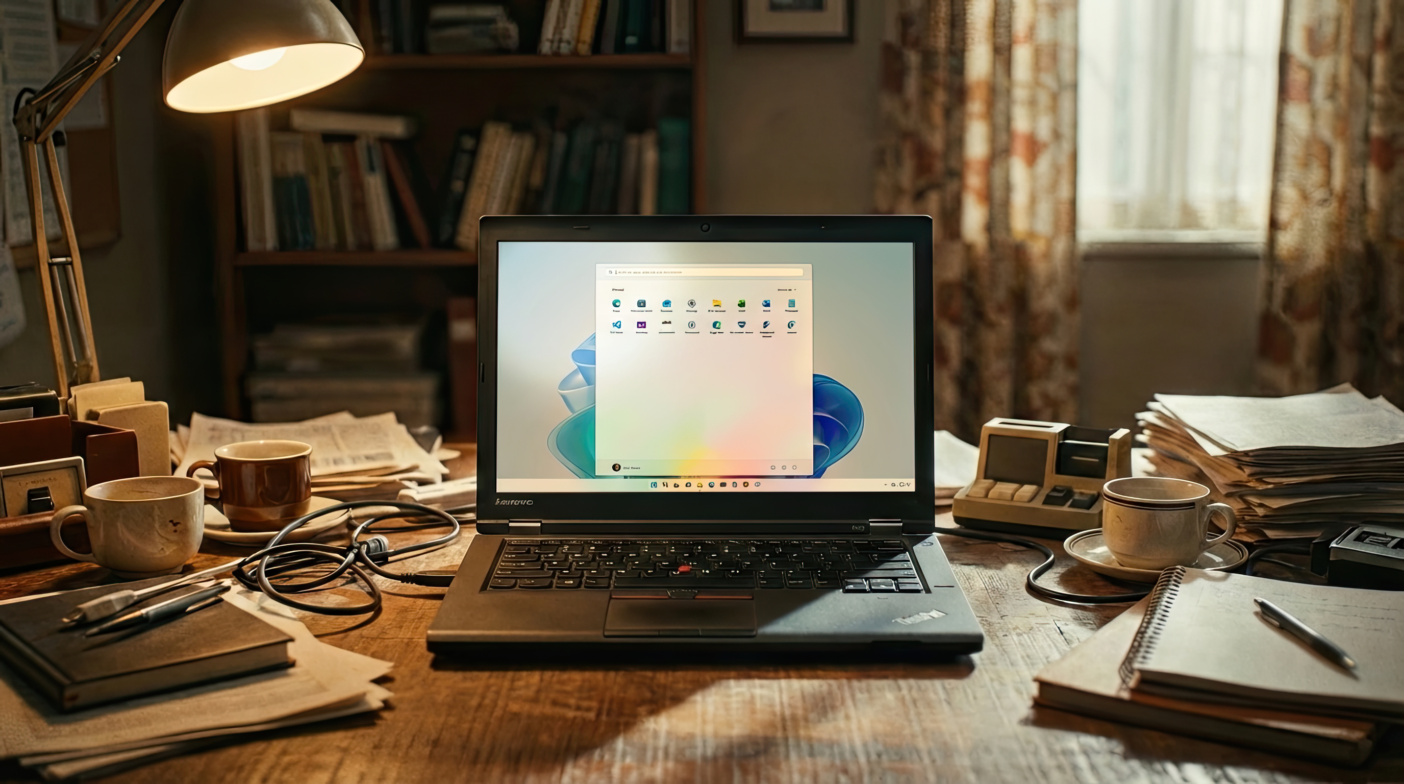 Mockup Lenovo ThinkPad with a Windows 11 screen in a messy office.
