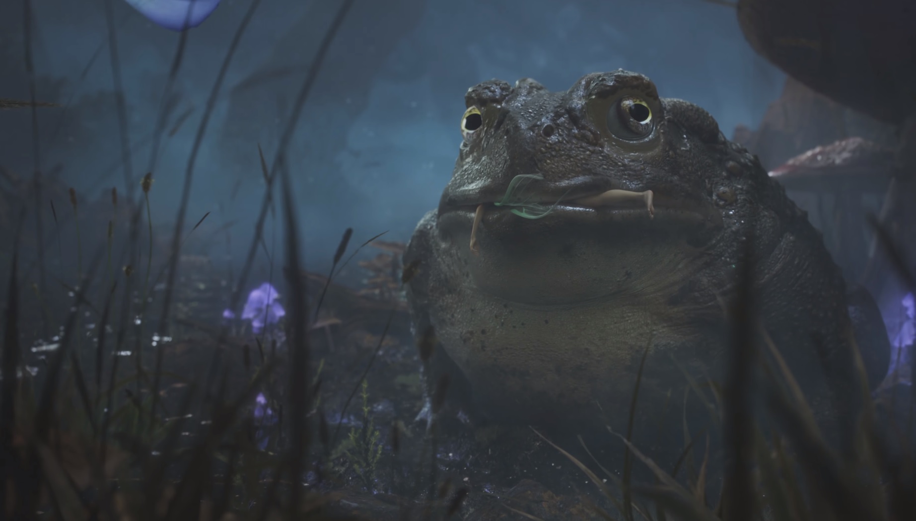 Fable 4 - A toad sits in a dark swamp with the arm and leg of a fairy sticking out of its mouth.