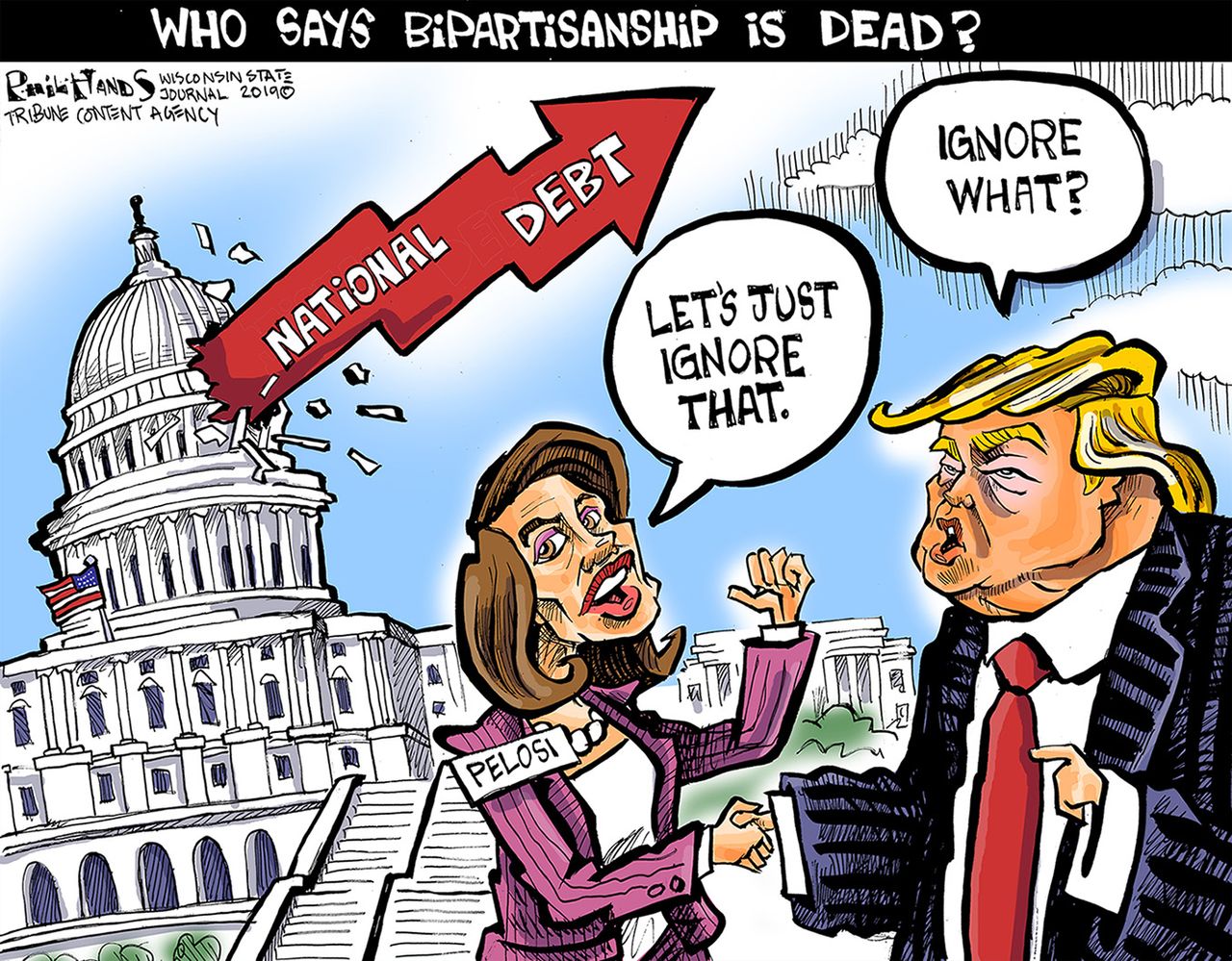 Political Cartoon Bipartisanship Ignore National Debt Pelosi Trump