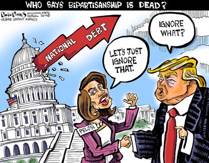 Political Cartoon Bipartisanship Ignore National Debt Pelosi Trump