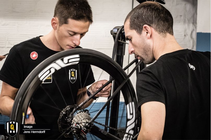 The mechanics build up one of the training bikes