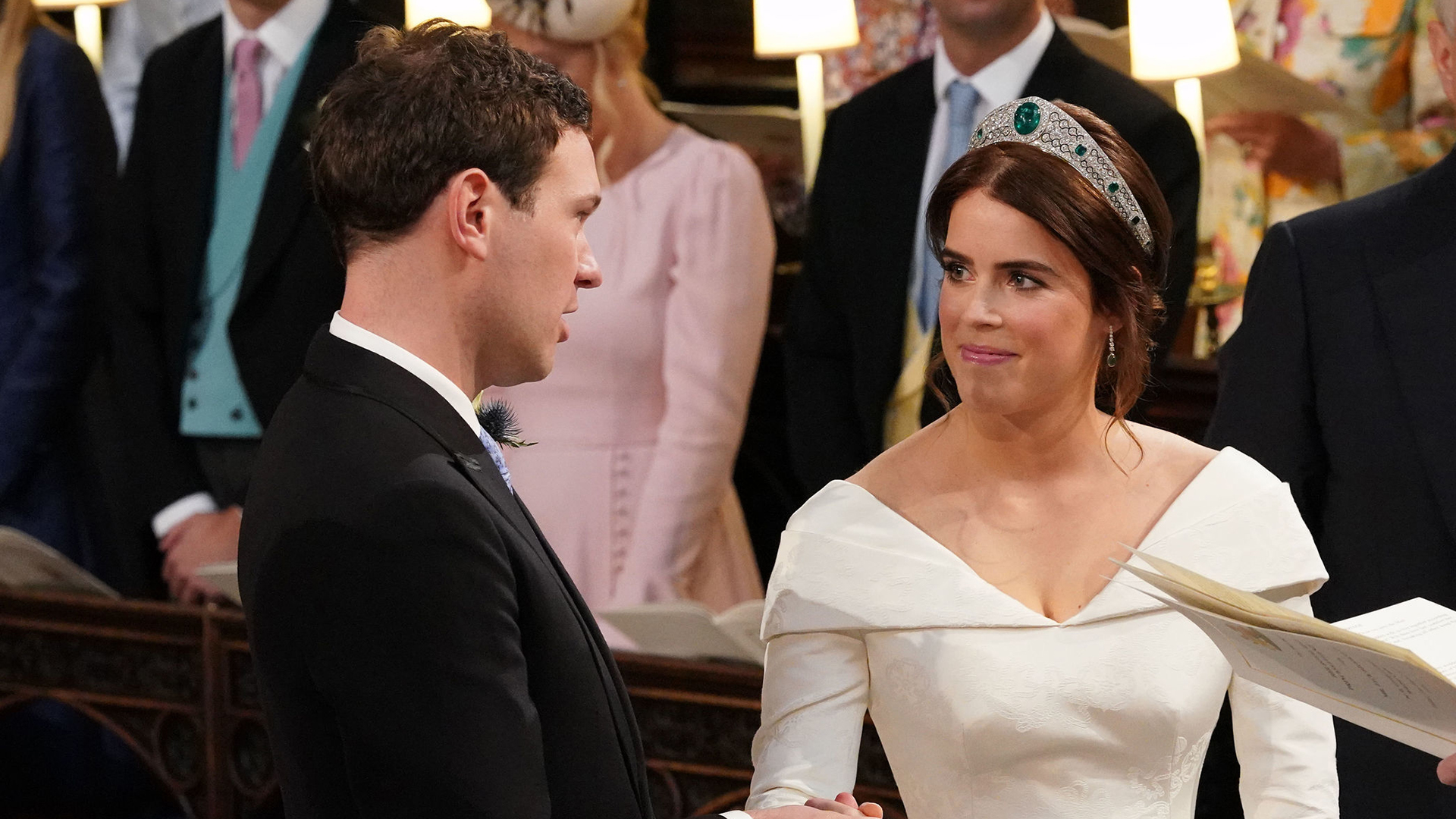 WINDSOR, ENGLAND - OCTOBER 12: Dean of Windsor, David Conner (R) presides over the wedding ceremony of Princess Eugenie of York and Mr. Jack Brooksbank at St. George&#039;s Chapel on October 12, 2018 in Windsor, England. (Photo by Jonathan Brady - WPA Pool/Getty Images)