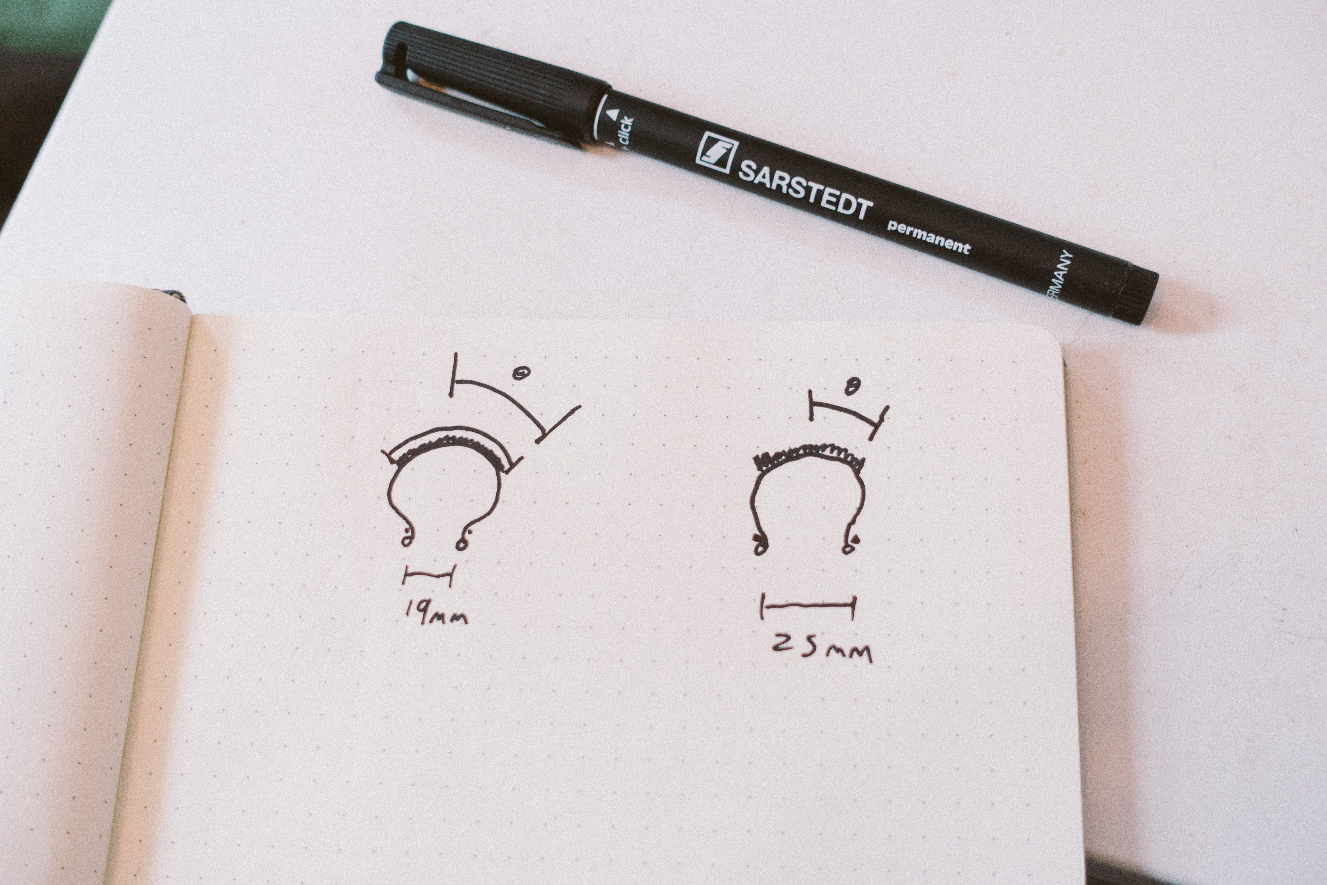 A drawing of two tyre cross sections on a notepad