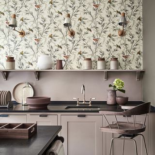 Kitchen with painted and wallpaper walls