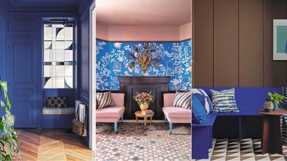 Three rooms decorated in navy blue