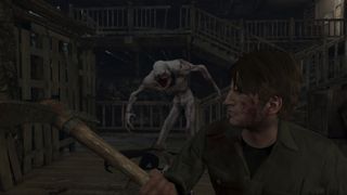 A hulking enemy approaches Murphy from behind as he readies a pickaxe in Silent Hill: Downpour