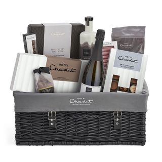 christmas hamper with chocolates and wine