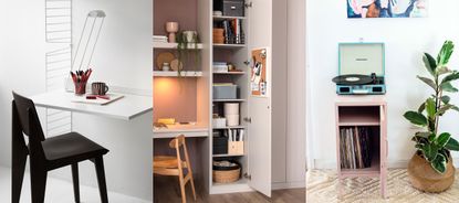 Three examples of what are good things to have in a dorm room. Dorm with string desk and shelving unit, black office chair. Dorm with built in storage in bedroom. Mustard locker and plant in woven basket, colorful artwork above. 