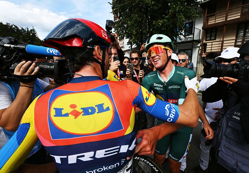 Mads Pedersen celebrates winning stage 15 at the Vuelta a España
