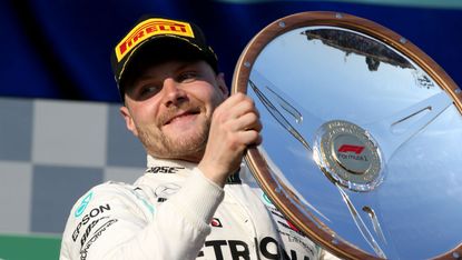 Mercedes driver Valtteri Bottas celebrates his victory at the 2019 F1 Australian Grand Prix