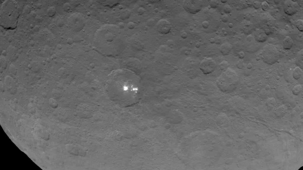 The strange bright white spots on the dwarf planet Ceres are seen in this best view yet from NASA&#039;s Dawn spacecraft, which captured this view on May 16, 2015.