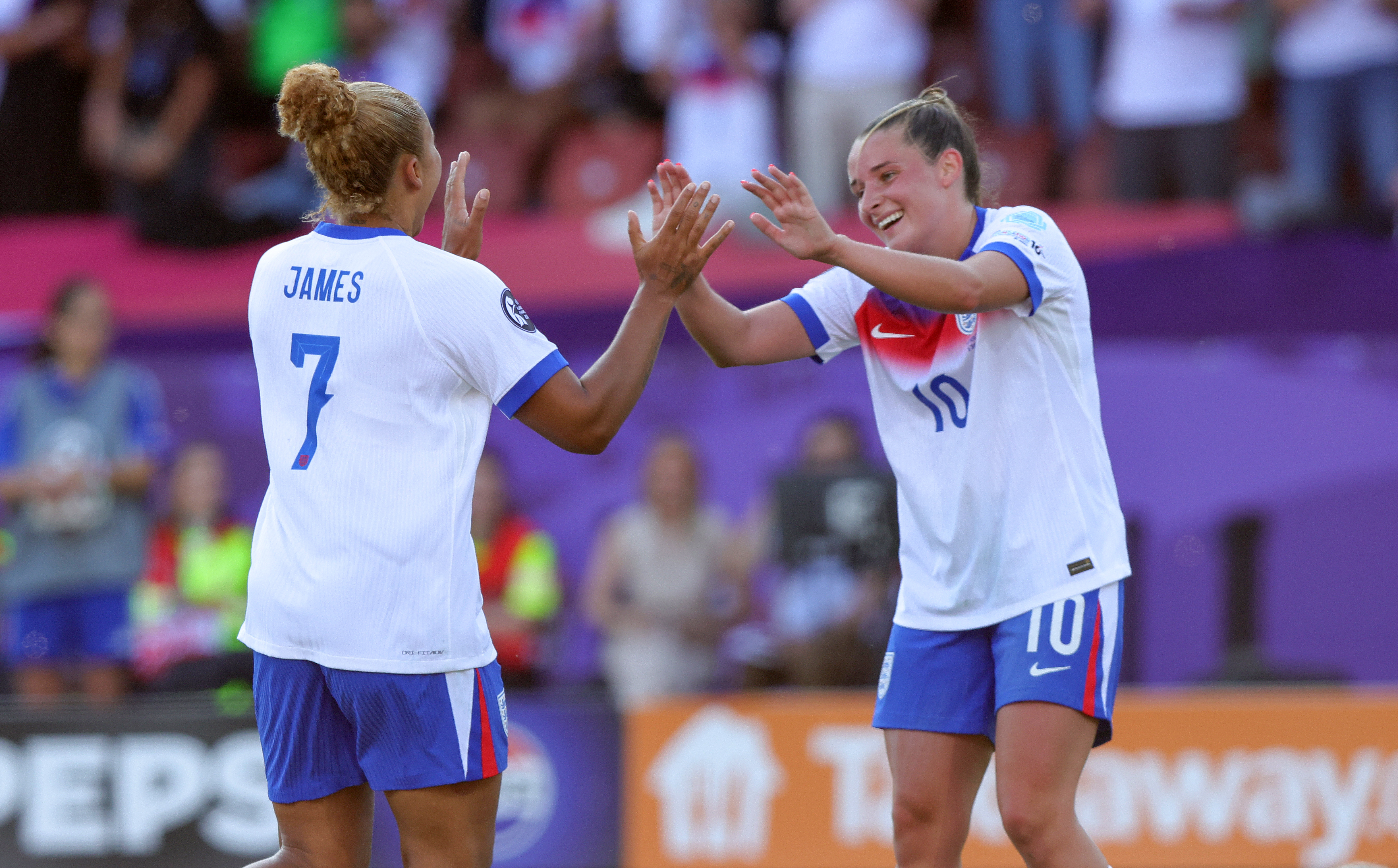 Lauren James and Ella Toone celebrate during England&#039;s 4-0 win over the Netherlands at Euro 2025