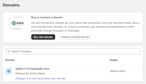 Screenshot of shopify domain options