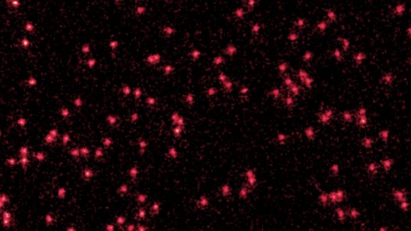 The image shows the white dots of Lithium atoms cooled to near absolute zero. The red smudges around them represent their wave packets.