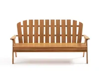 A wooden garden bench with a fan-shaped backrest