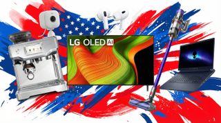 A collage of tech from the Presidents' Day sales, including an LG OLED TV, Dyson vacuum, Alienware gaming laptop, AirPods, Blink Mini, and Breville coffee maker