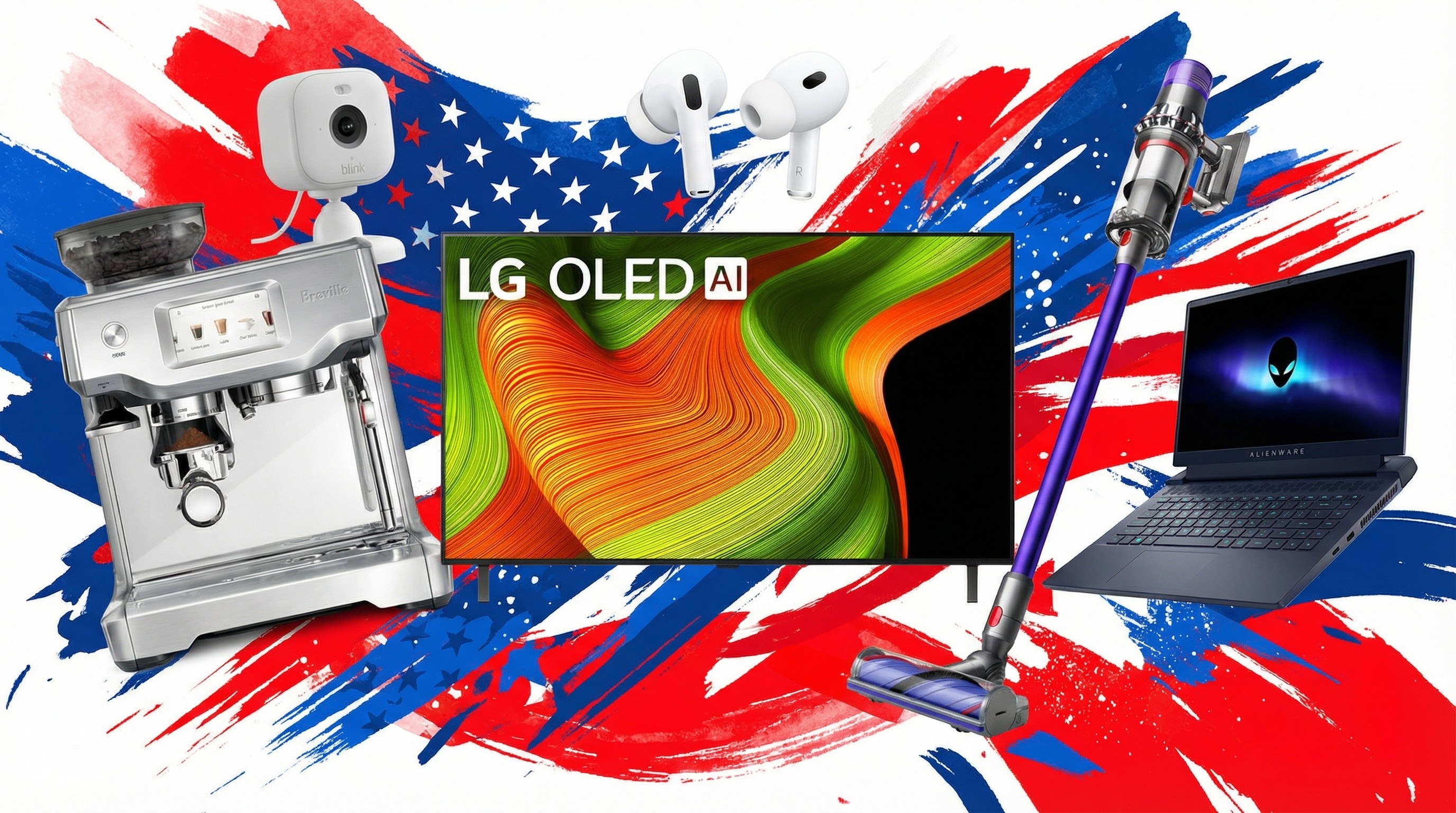 A collage of tech from the Presidents' Day sales, including an LG OLED TV, Dyson vacuum, Alienware gaming laptop, AirPods, Blink Mini, and Breville coffee maker