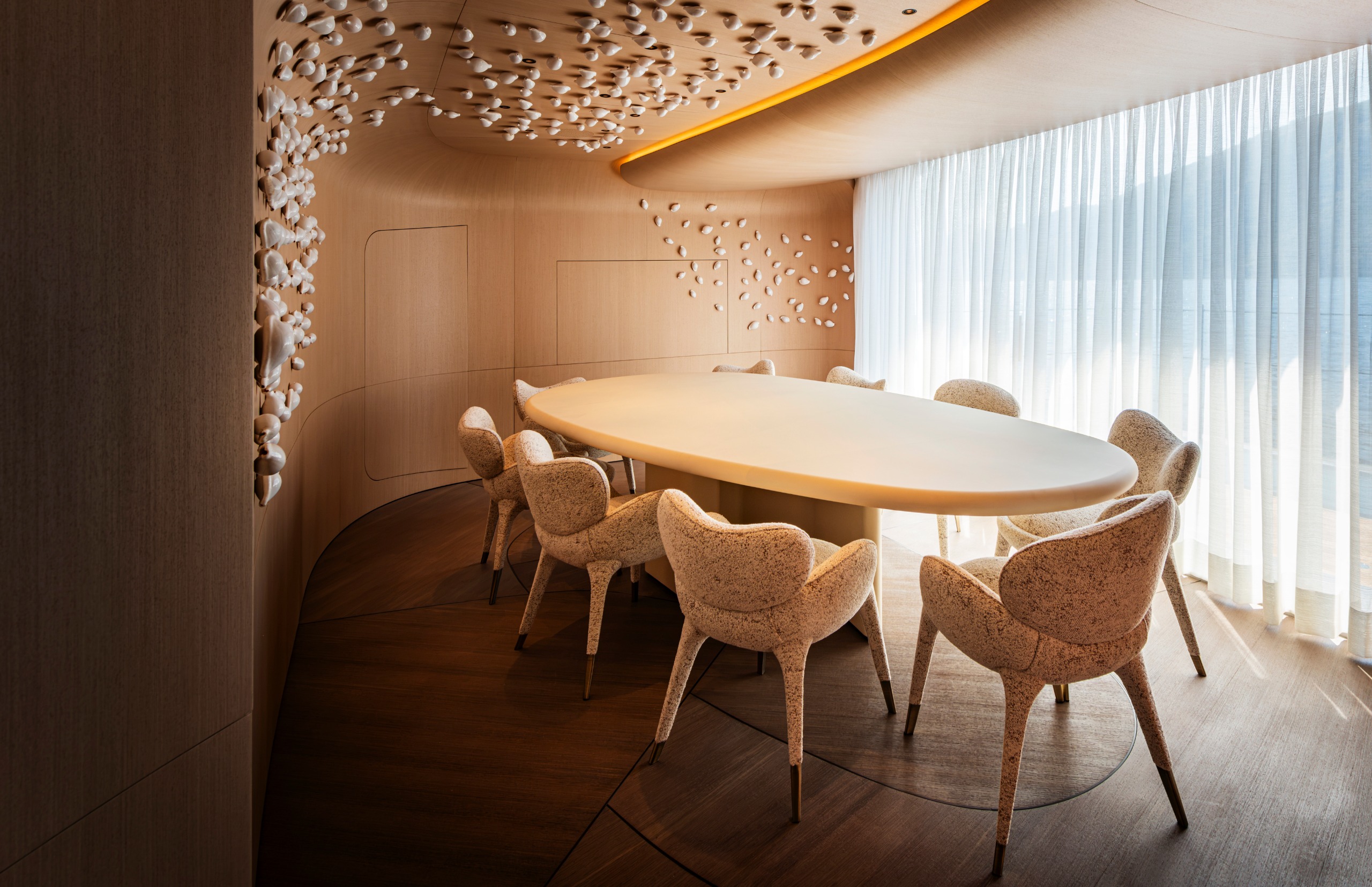 The dining room with its seashell installation