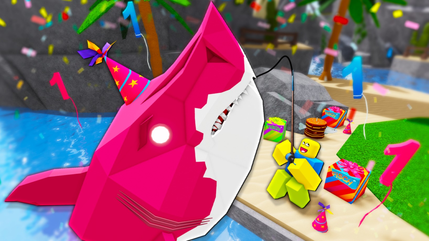 Roblox Fisch - A player catches a large pink shark wearing a birthday hat