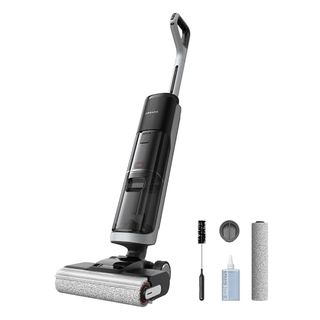 Dreame H14 Pro wet/dry vacuum with cleaning brush, cleaning solution, filter and roller against white background