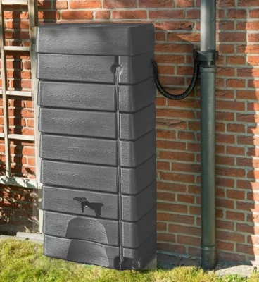 276 Litre Grey Wall Tank With Rain Trap Downpipe Connector - Slimline Tall Water Butt Kit