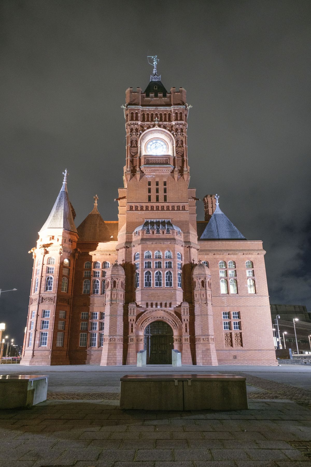 A photo of the Cardiff Pierhead building, taken at night.