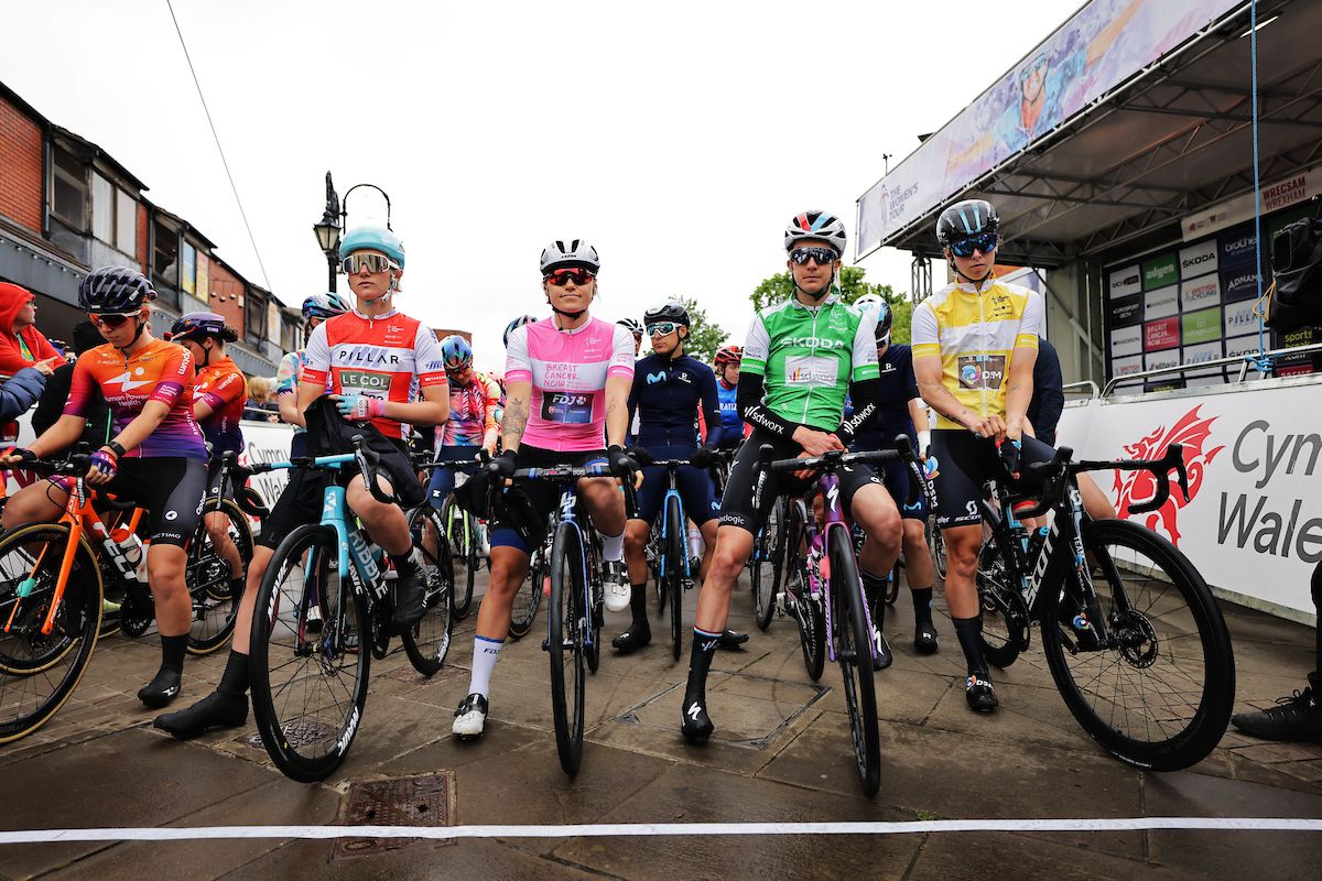 Picture by Alex Whitehead/SWpix.com - 09/06/2022 - Cycling - The Women&acirc;s Tour 2022 - Stage Four - Wrexham to Welshpool, Wales - Maike Van Der Duin of Team Le Col Wahoo (Red Pillar Sprints Jersey) with Clara Copponi of Team FDJ Nouvelle Aquitaine Futuroscope (Pink Breast Cancer Now Points Jersey) and Christine Majerus of Team SD Worx (Green Skoda Queen Of The Mountains Jersey) and Lorena Wiebes of Team DSM (Yellow Leaders Jersey) lined up on the start line