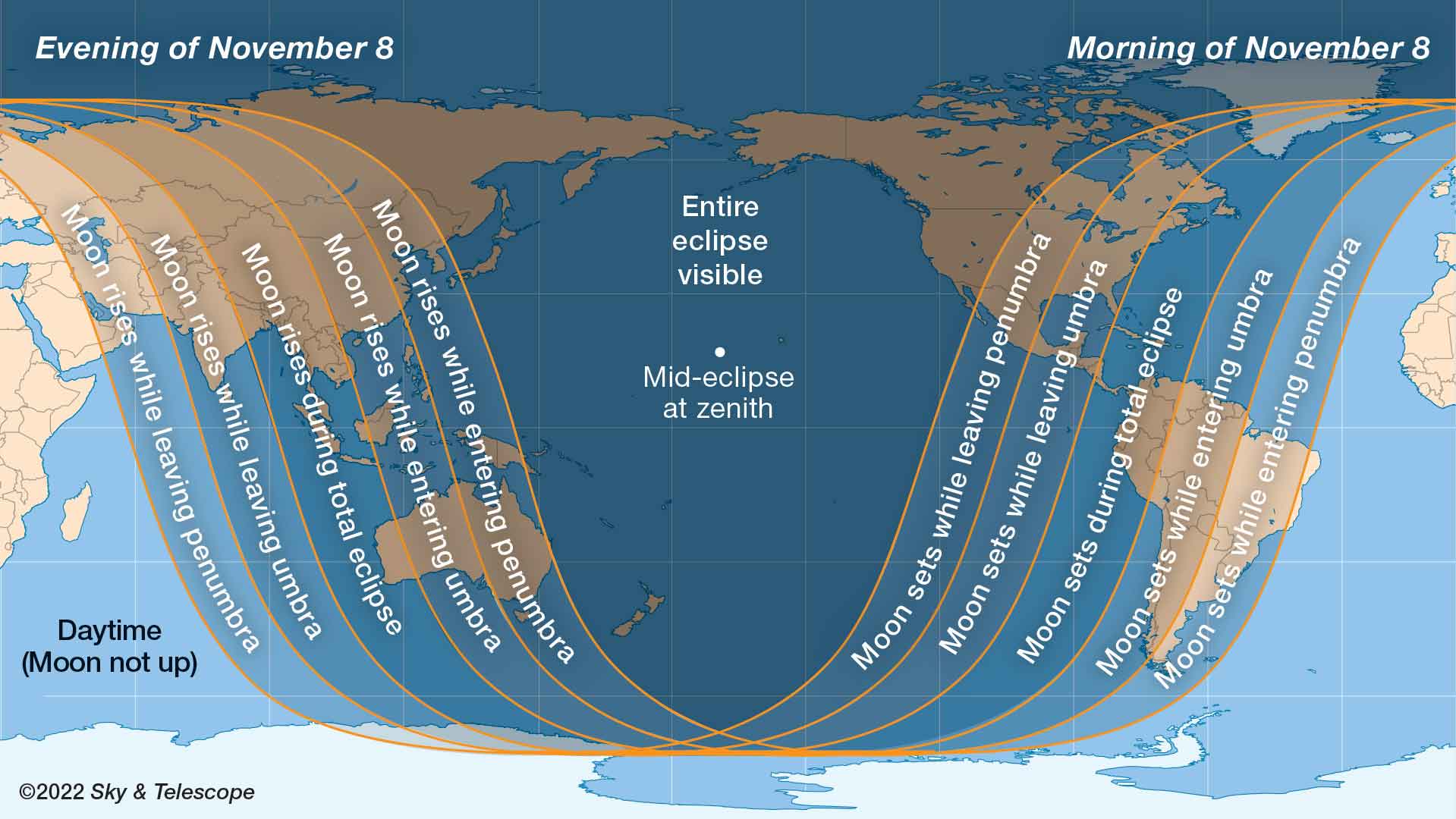 The map shows locations worldwide from which the November 8th lunar eclipse is visible, weather permitting.