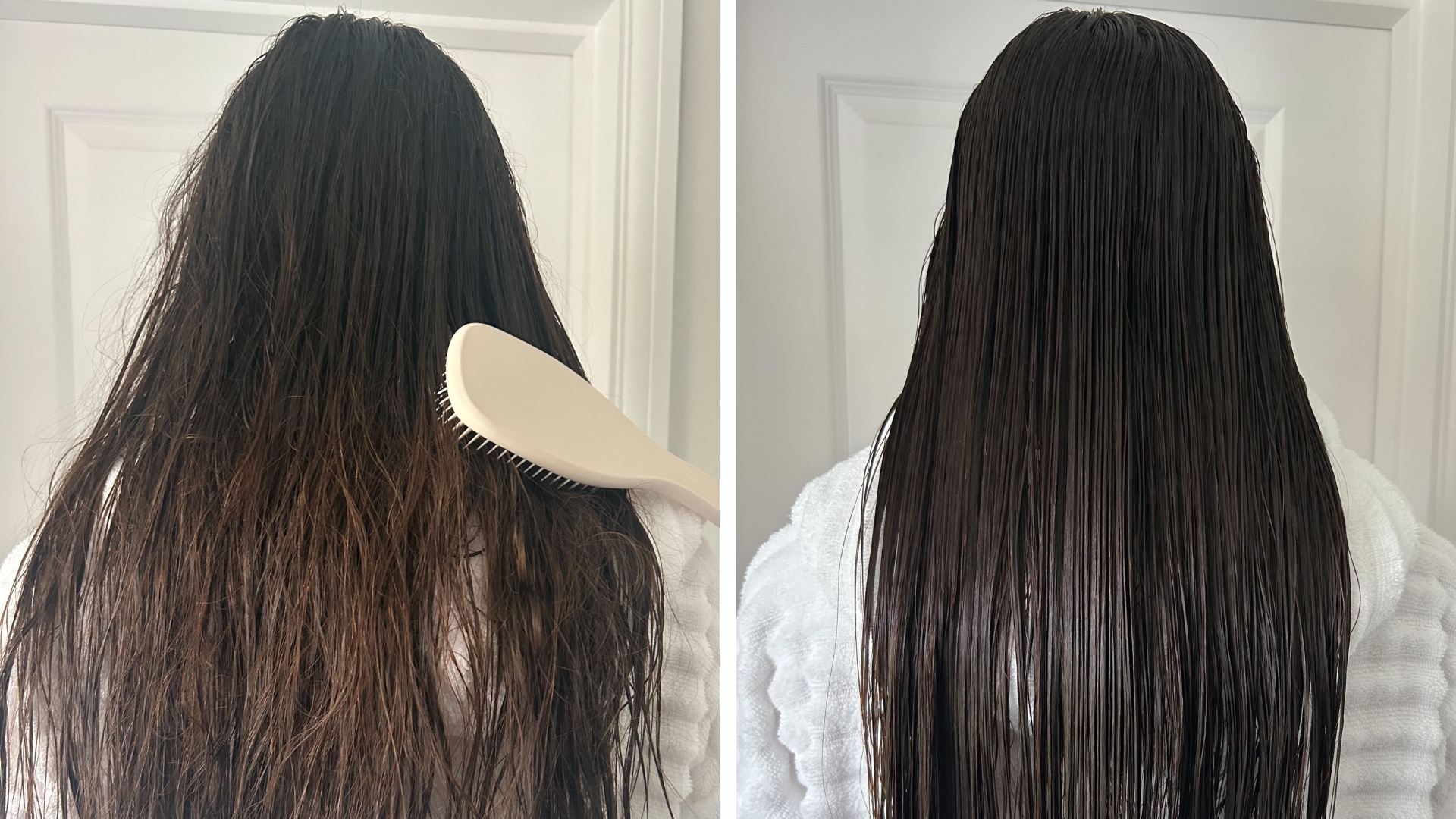On the left, showing Sennen's tangled fine hair with a brush stuck in it before applying the Oribe Supershine Moisturising Cream, and on the right after applying the formula with smooth, straight hair