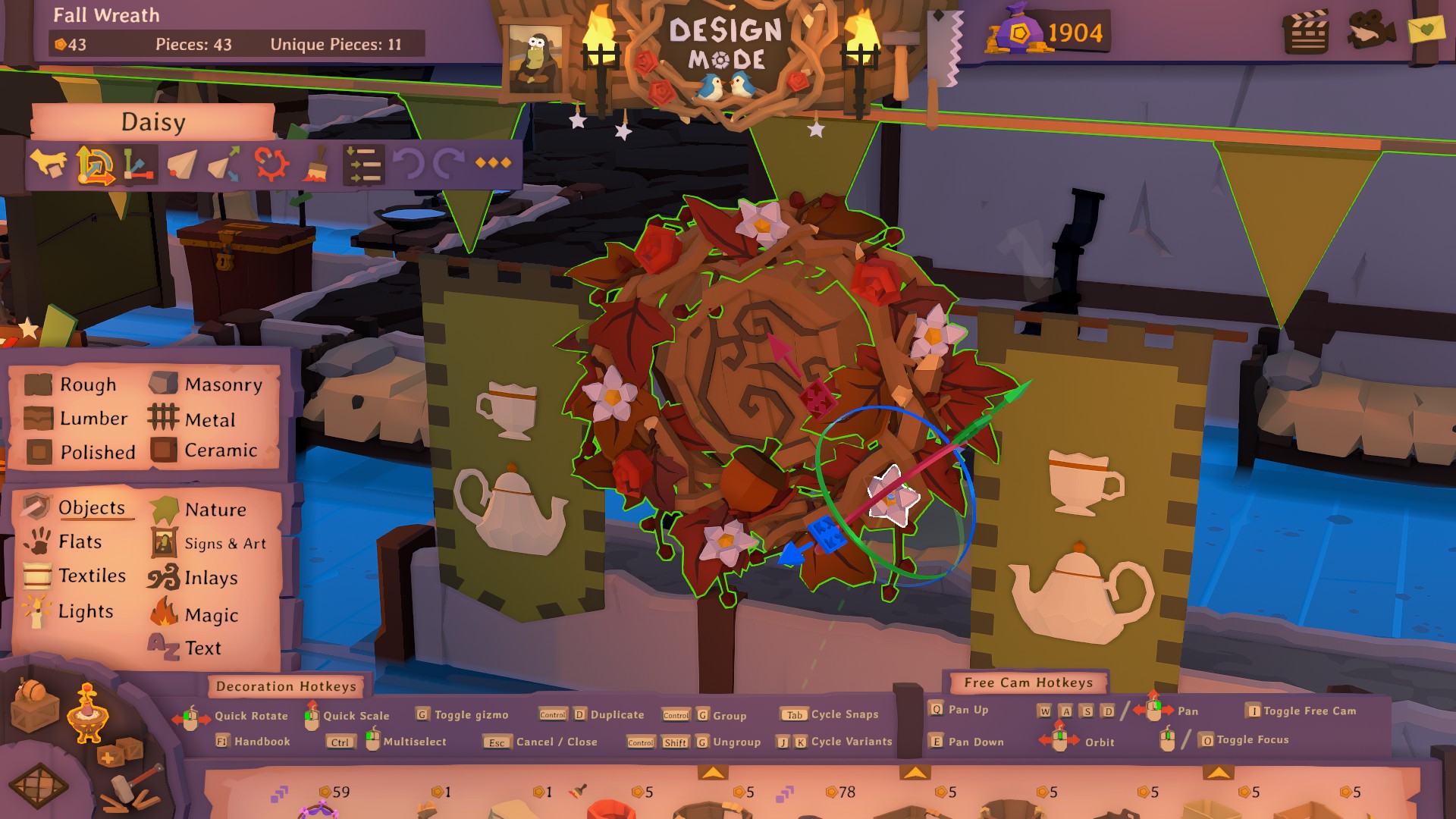 Various examples of furnishings made within Tavern Keeper's decor editor.